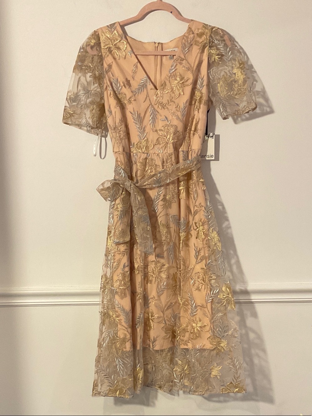 Kensie Peach Midi Dress with Gold & Silver Floral Embroidery